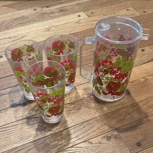 Floral Plastic Pitcher and (3) Tumbler Set